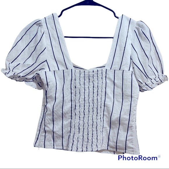 E.ssue White & Black Striped Puff Sleeve Square Neck Ruched Front Blouse Small - Picture 2 of 13